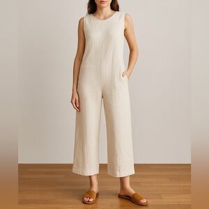 P. Cill Linen Rayon Wide-Leg Jumpsuit Cream Colored Size Medium Pockets